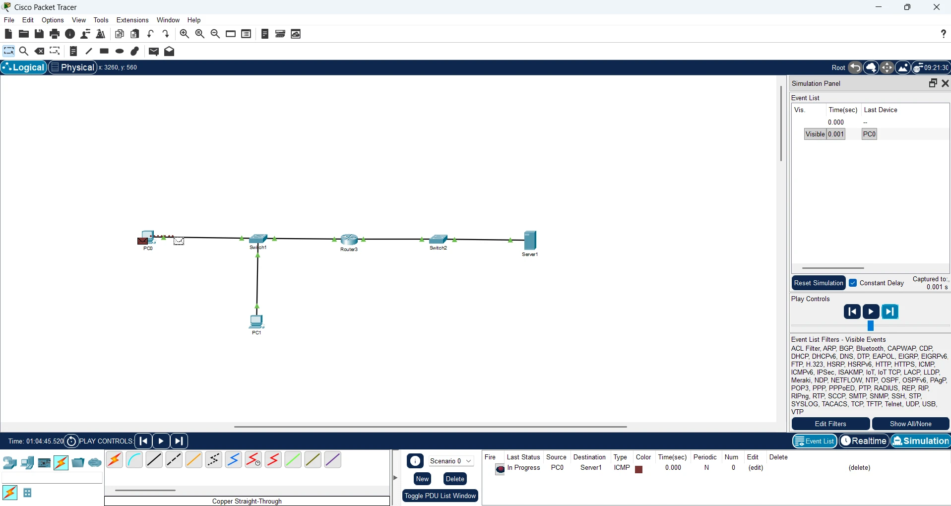 Mode Simulation de Packet Tracer : l'enveloppe ICMP quitte PC0 vers Switch1