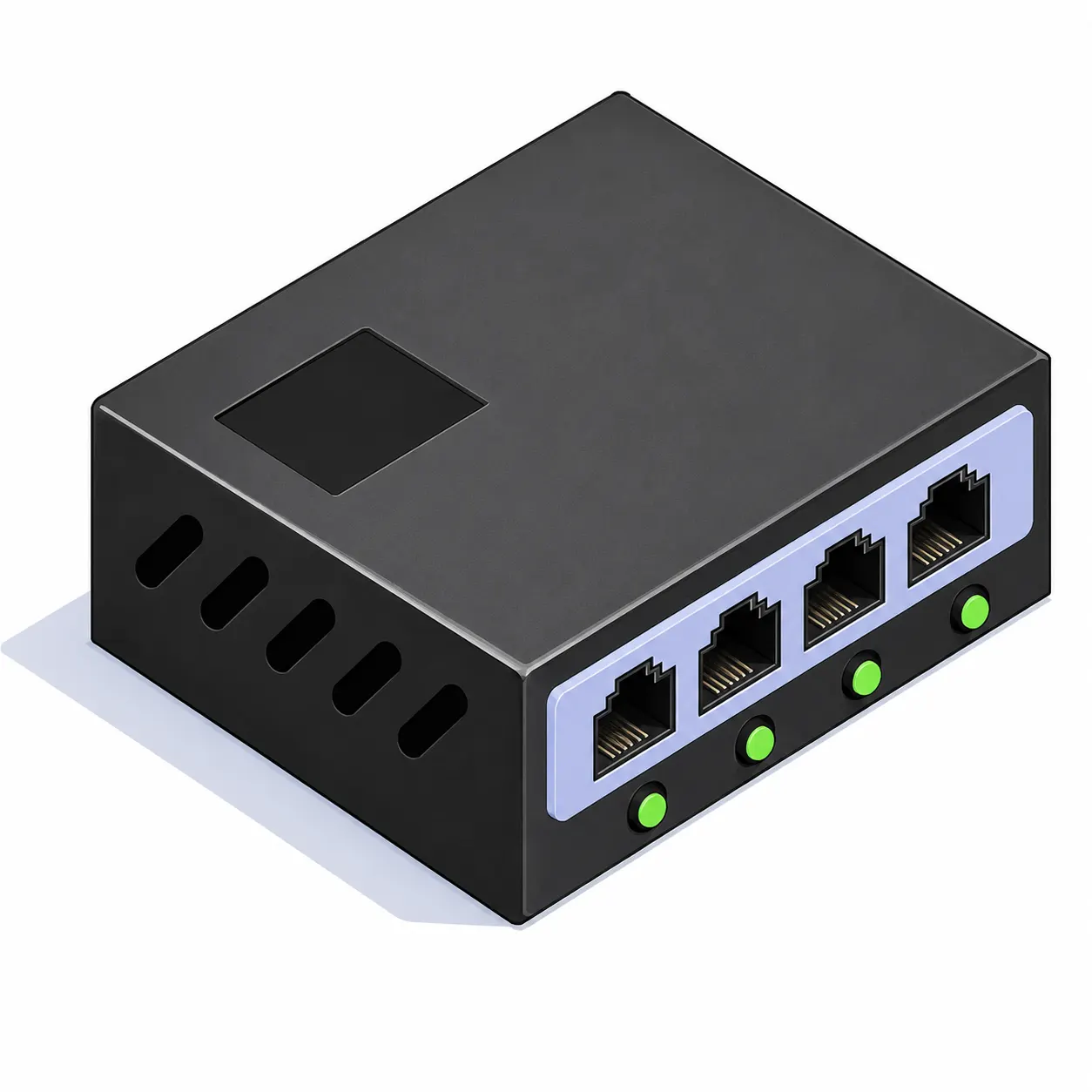 Petit hub quatre ports, boîtier noir avec ses connecteurs RJ45 et ses diodes vertes.