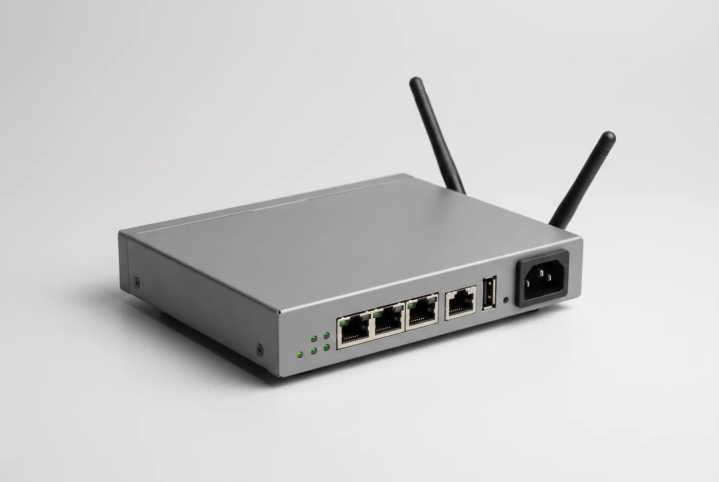 Routeur d'agence compact au format 1U, avec trois ports Gigabit Ethernet, un port console, un port USB et deux petites antennes.