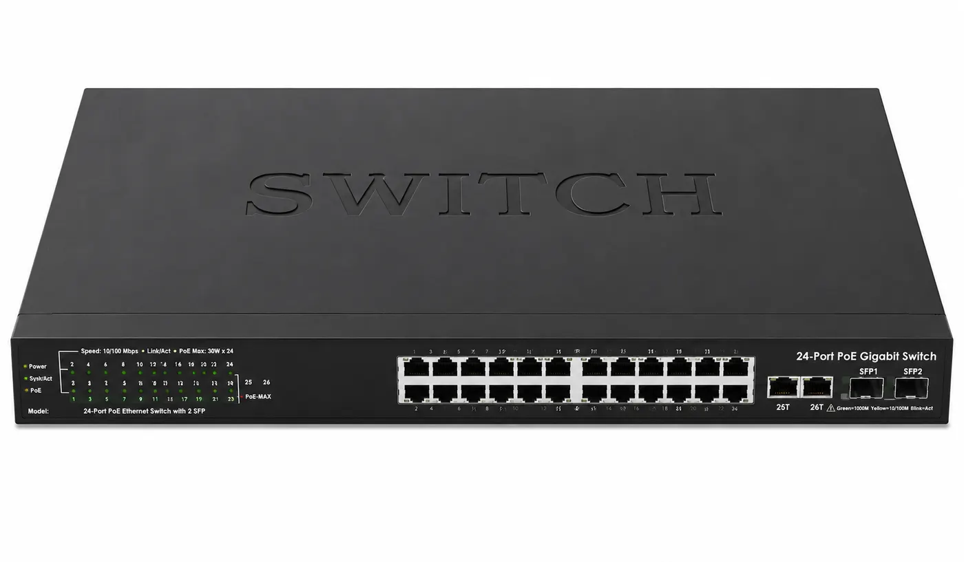 Switch d'accès 24 ports PoE vu de face, avec ses deux rangées de ports RJ45, ses diodes d'état et ses deux emplacements SFP.